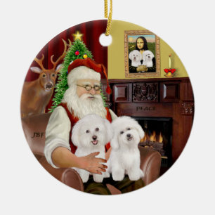 Santa - Två Bichon Frise Julgransprydnad Keramik