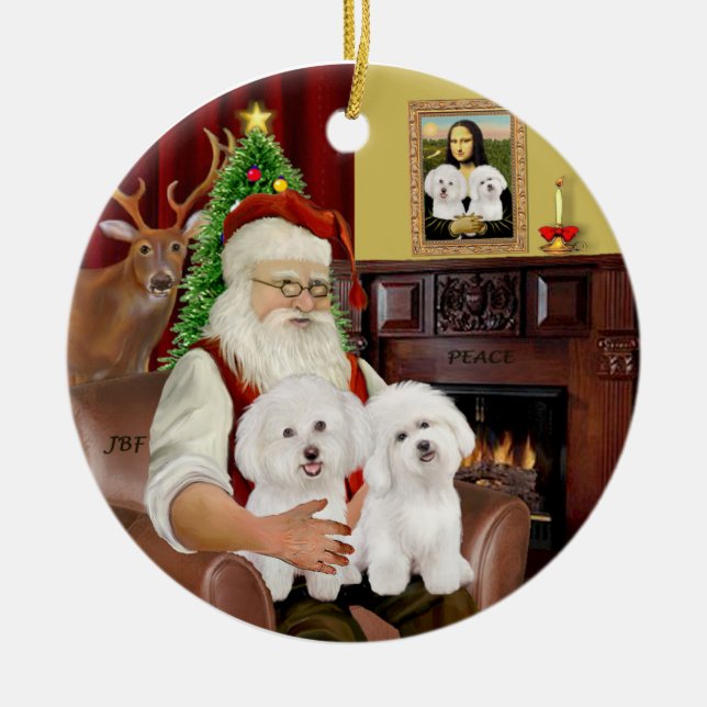 Santa - Två Bichon Frise Julgransprydnad Keramik (Framsidan)