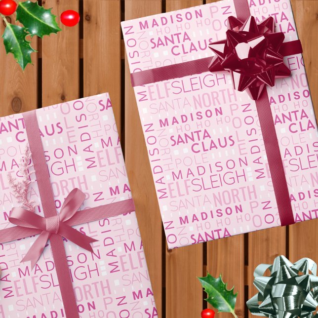 Santa Typografi Chic Rosa Söt Lägg till Barnets Na Presentpapper (Add your child's name to this personalized chic pink Santa typography Christmas wrapping paper)