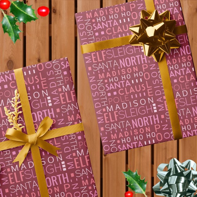 Santa Typography Burgundy Red Cute Add Barn Namn Presentpapper (Burgundy red and pinks set the tone for this custom Santa word art Christmas wrapping paper)