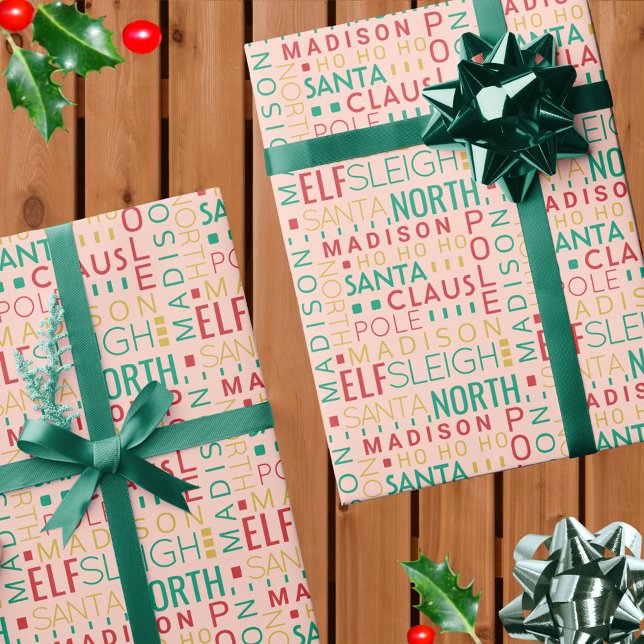 Santa Typography Red Grönt Cute Add Barn Namn Presentpapper (Add your child's name to this colorful red, green and gold Santa typography Christmas wrapping paper)