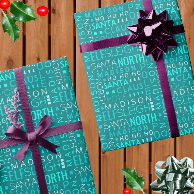 Santa Typography Teal Blue Cute Add Barn Namn Presentpapper (This cute teal blue Santa typography Christmas wrapping paper is easy to personalize)