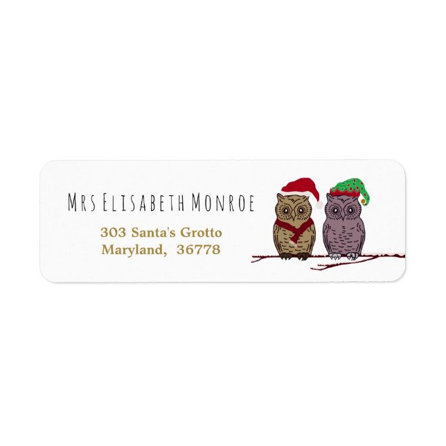 Santa Uggla och Elf Uggla Returadress Etikett (Framsidan)