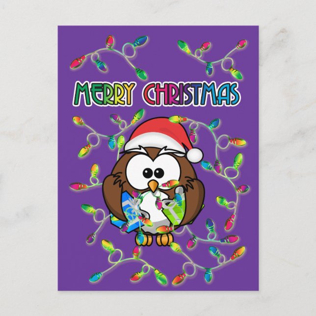 Santa uggla och julen ljus helg vykort (Framsida)