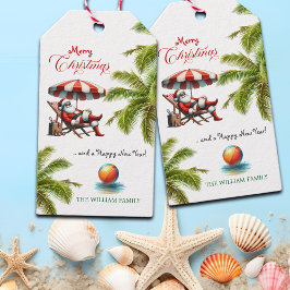 Santa under a Beach Umbrella Christmas Presentetikett