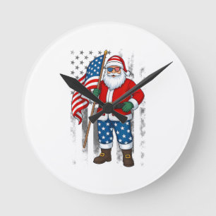 Santa USA Amerikansk Flagga Jul i Juli Glad 4t Rund Klocka