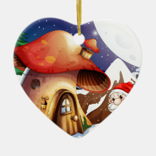 Santa utanför champinjonhuset julgransprydnad keramik