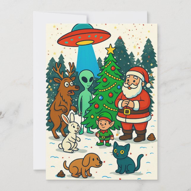 Santa, utomjordingar & julskit julmöte julkort (Framsida)