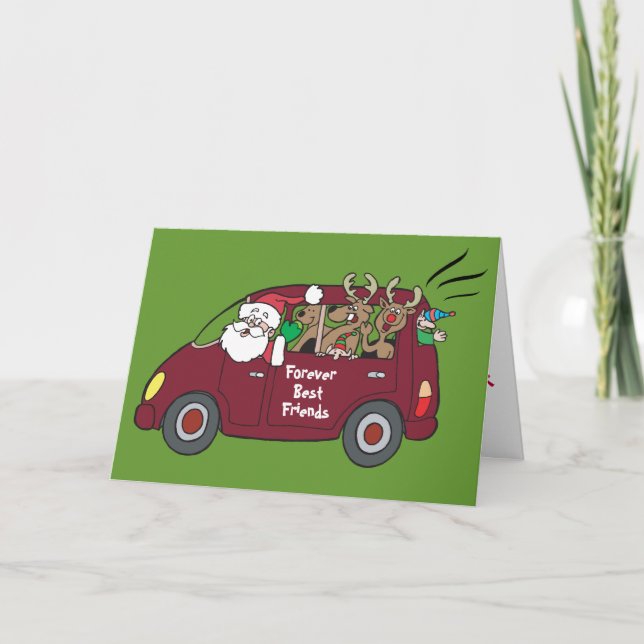 Santa Van med Reindeer Best Friends eller din text Helgkort (Framsida)