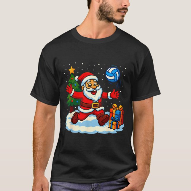 Santa Volleyball Playing Srt Christmas Tree Xmas P T Shirt (Framsida)