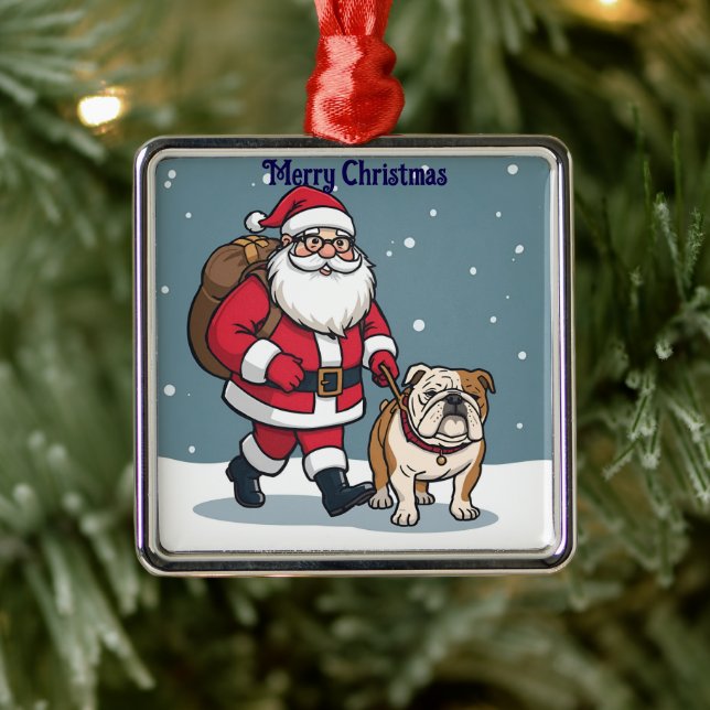 Santa walking a bulldog Christmas holiday Ornament (Träd)