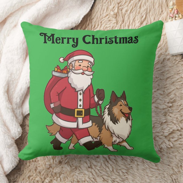 Santa walking a Collie Christmas Throw Pillow Kudde (Filt)