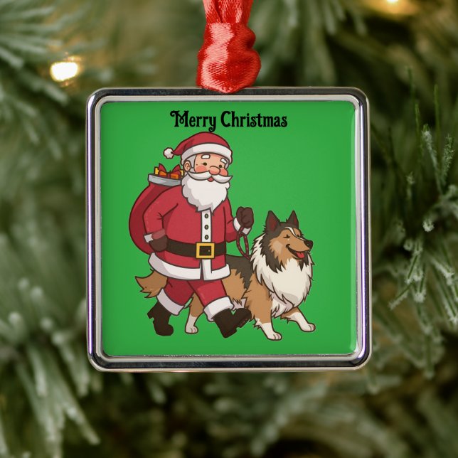 Santa walking a Collie dog Christmas Ornament (Träd)
