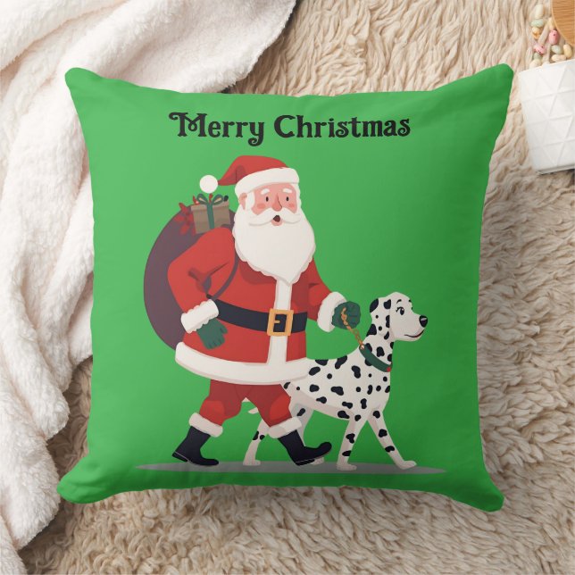 Santa walking a Dalmatian Christmas Throw Pillow Kudde (Filt)