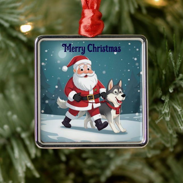 Santa walking a Husky Christmas Ornament (Träd)