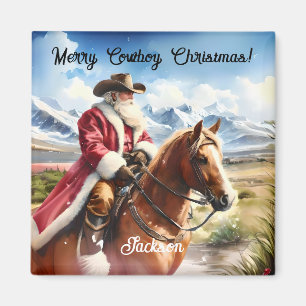 Santa Wearing Cowboy Hat och Riding Horse Magnet