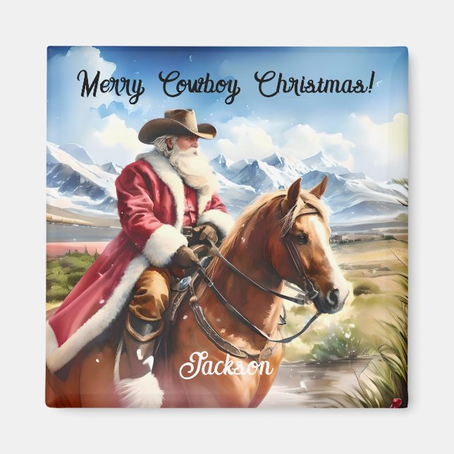 Santa Wearing Cowboy Hat och Riding Horse Magnet (Framsidan)