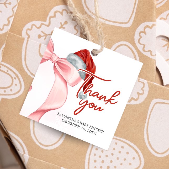 Santa Winter Baby Shower Square Gåvor Etiketter (Santa Baby Coquette Christmas Winter Baby Shower Favor Tags)