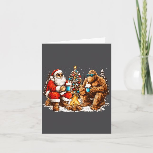 Santa With Bigfoot Christmas Campfire Funny Sasqua Kort (Framsida)