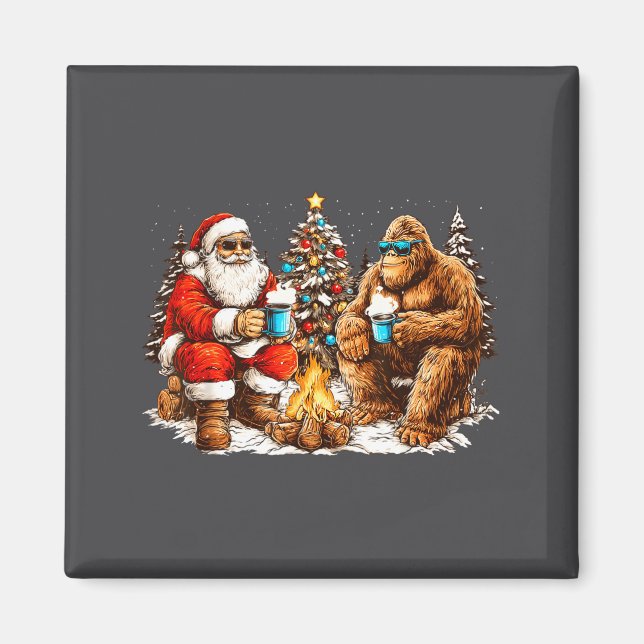 Santa With Bigfoot Christmas Campfire Funny Sasqua Magnet (Framsidan)