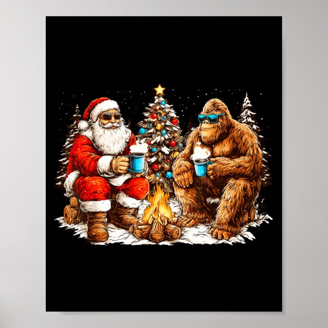 Santa With Bigfoot Christmas Campfire Funny Sasqua Poster (Framsidan)