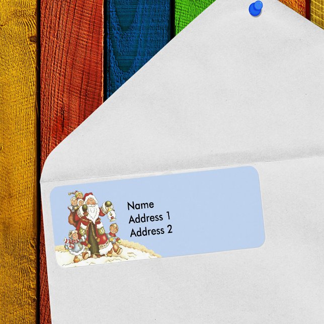 Santa With Children Walking in Snö Light Blue Returadress Etikett (Cute Santa Claus with little children in snow on light blue return address labels for Christmas.)
