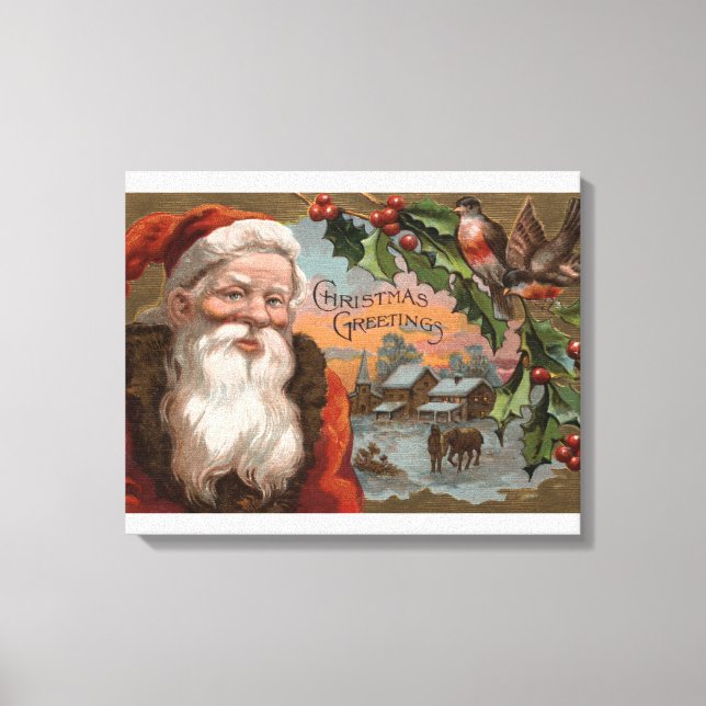 Santa with Holly, Village Scene Canvastryck (Framsida)