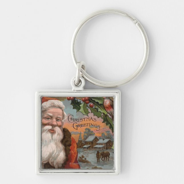 Santa with Holly, Village Scene Fyrkantig Silverfärgad Nyckelring (Framsidan)