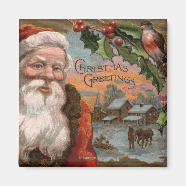 Santa with Holly, Village Scene Magnet (Framsidan)