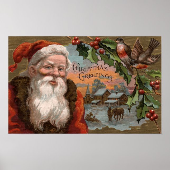 Santa with Holly, Village Scene Poster (Framsidan)