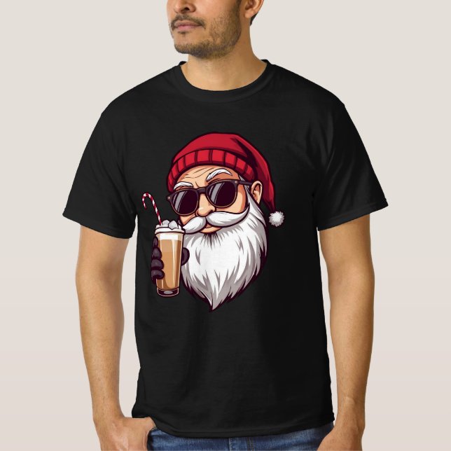 Santa with Iced Coffee – Modern Cool Christmas San T Shirt (Framsida)