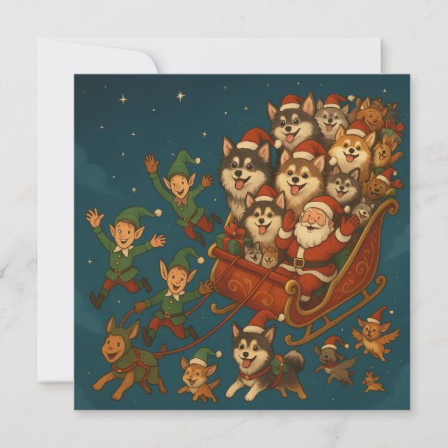 Santa with joyous pups and elves! inbjudningar (Framsida)