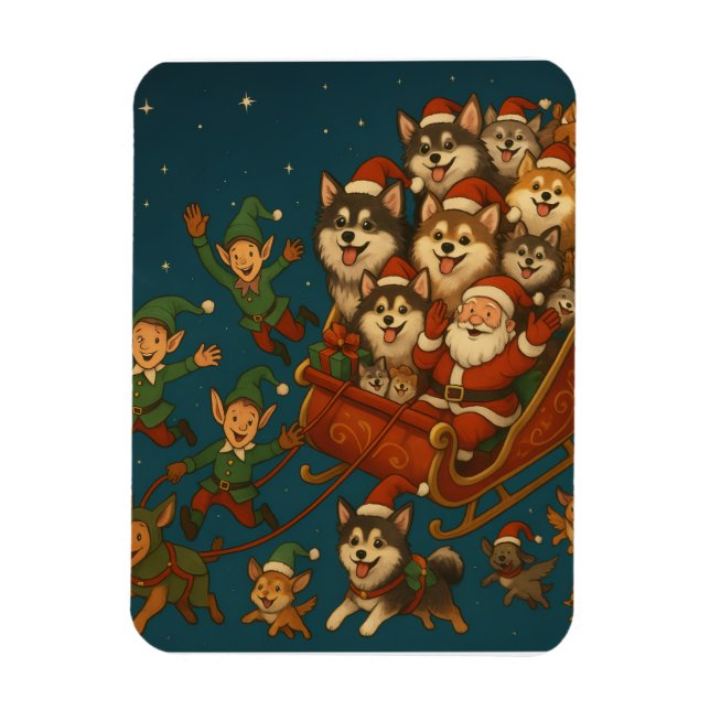 Santa with joyous pups and elves! magnet (Vertikal)