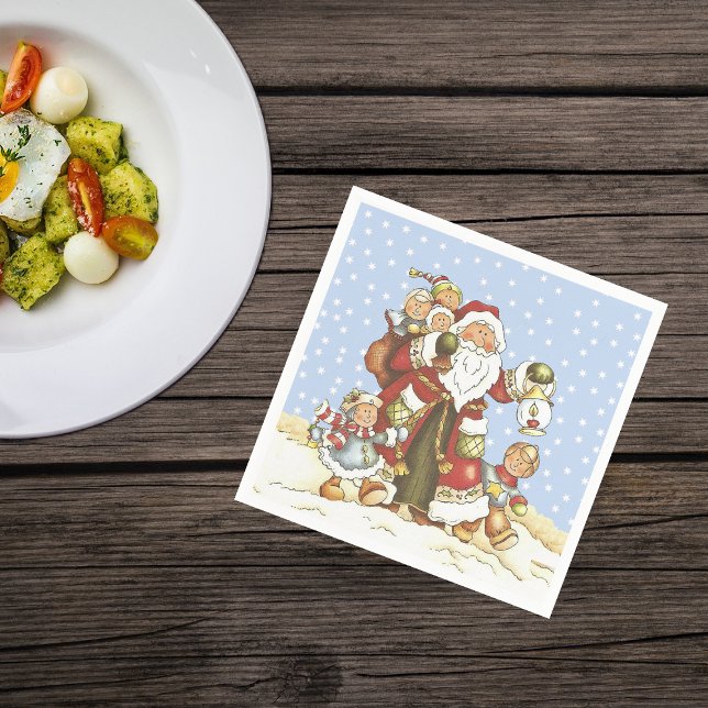 Santa with Lantern Children in Falling snö Pappersservett (Santa Claus with children walking in snow blue sky on Christmas napkins.)