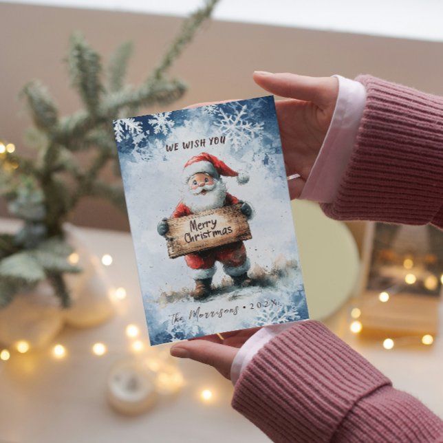 Santa with Sign Merry Winter-jul Julkort (Skapare uppladdad)