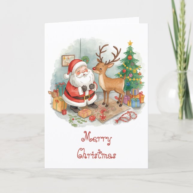 Santa with toys and reindeer & whimsical Christmas Kort (Framsida)