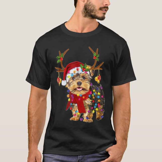 Santa yorkie skräckare hund med fint renljus t shirt (Framsida)