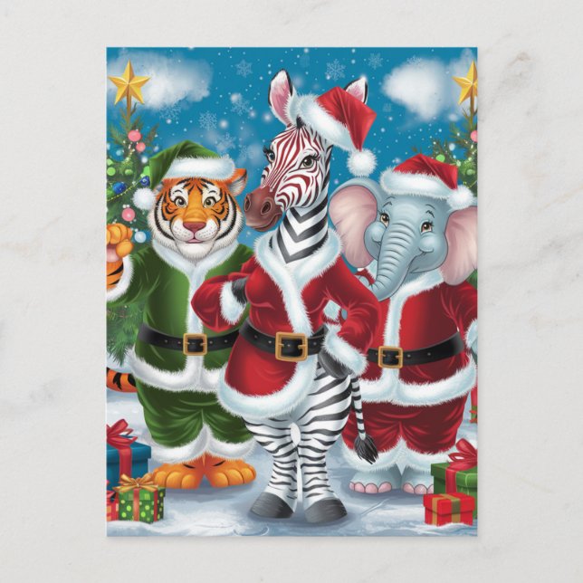 Santa Zebra, Tiger och Elephant Vykort (Framsida)