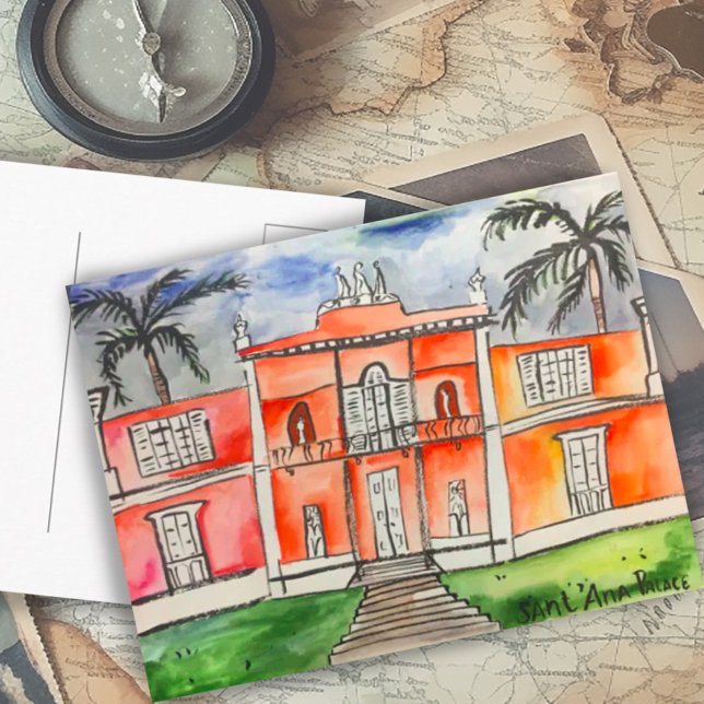 Sant'Ana Palace Azres Ponta Delgalda São Miguel Vykort (Sant'Ana Palace Azores Ponta Delgalda São Miguel watercolor art custom Postcard)