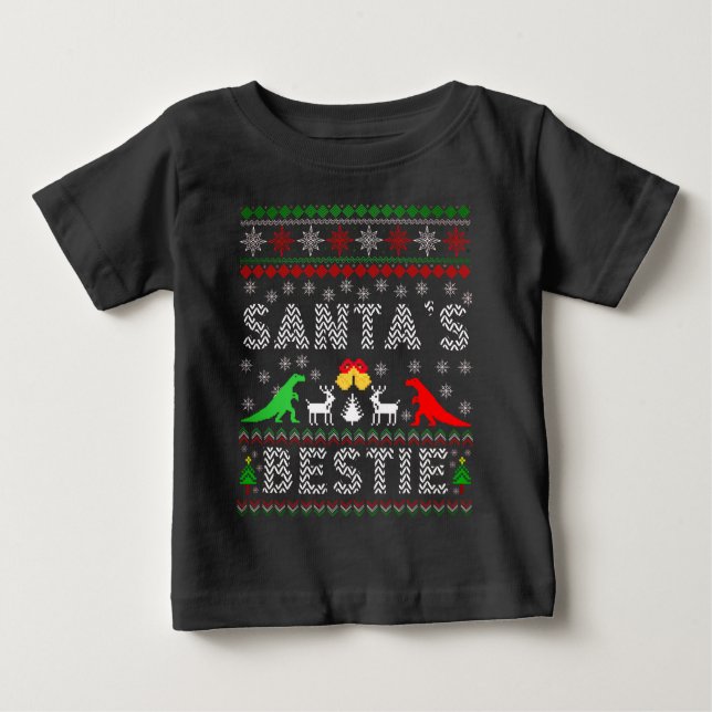 Santa's Bestie Dino Vinterjul Ugly Sweater T Shirt (Framsida)