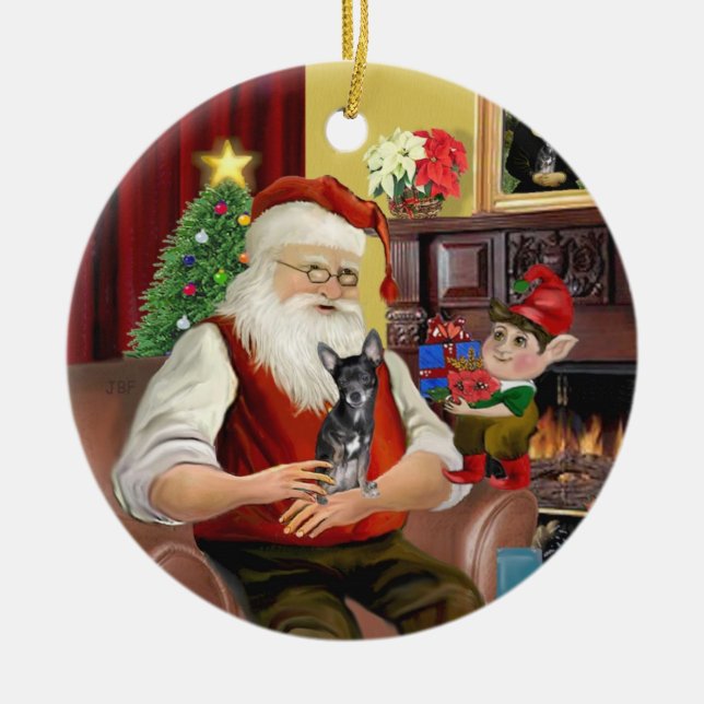 Santa's Blue och tan Chihuahua (T) Julgransprydnad Keramik (Framsidan)