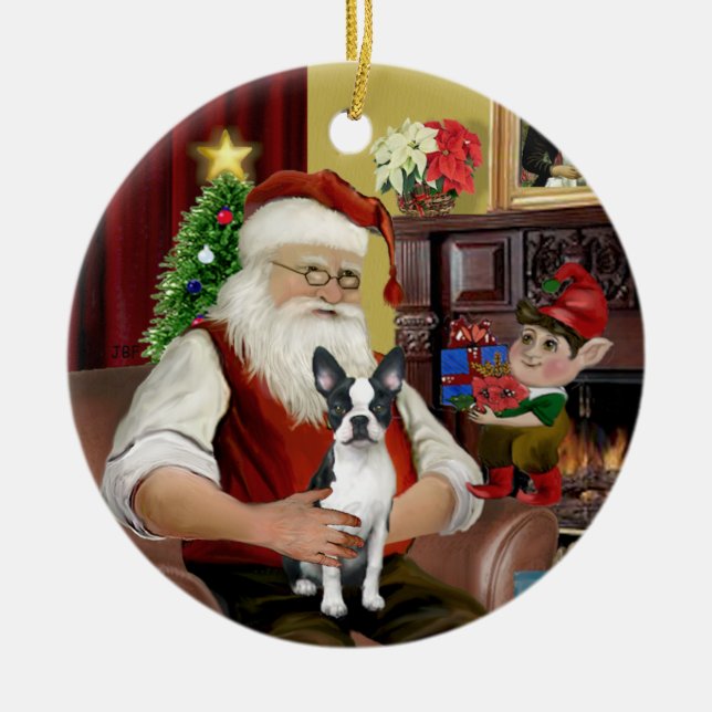 Santa's Boston Terrier #1 Julgransprydnad Keramik (Framsidan)