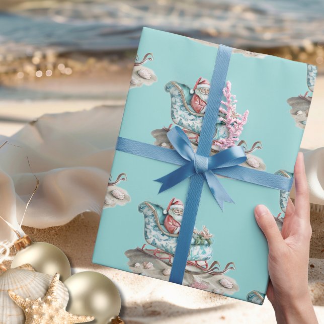 Santa's Chinoiserie Sleigh på Beach-tealen Presentpapper (Santa’s Chinoiserie Sleigh on the Beach teal Wrapping Paper)