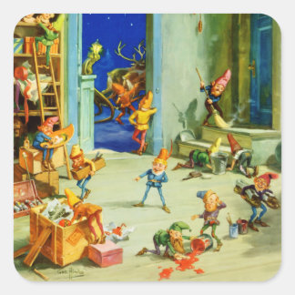 Santa's Elves Busy vid hans North Pole Workshop Fyrkantigt Klistermärke