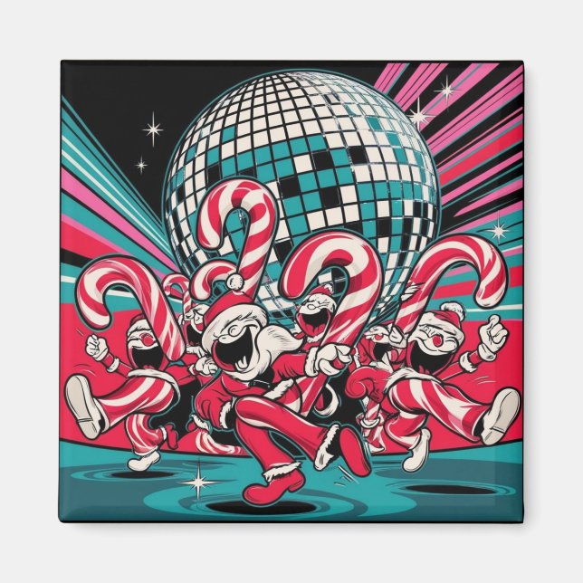 Santa's Elves Polkagrisars Dance A under Disco Bol Magnet (Framsidan)