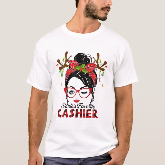 Santa's Favorite Cashier Messy Bun jul T Shirt (Framsida)