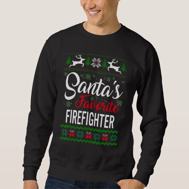 Santa's Favorite Firefighter Christmas Ugly Sweate Lång Ärmad Tröja (Framsida)