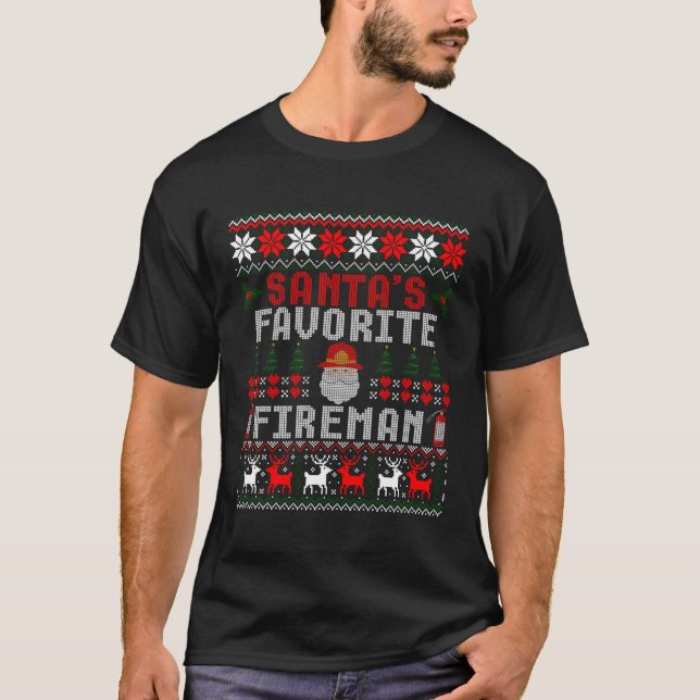 Santas Favorite Fireman Firefighter Ugly Sweater F T Shirt (Framsida)