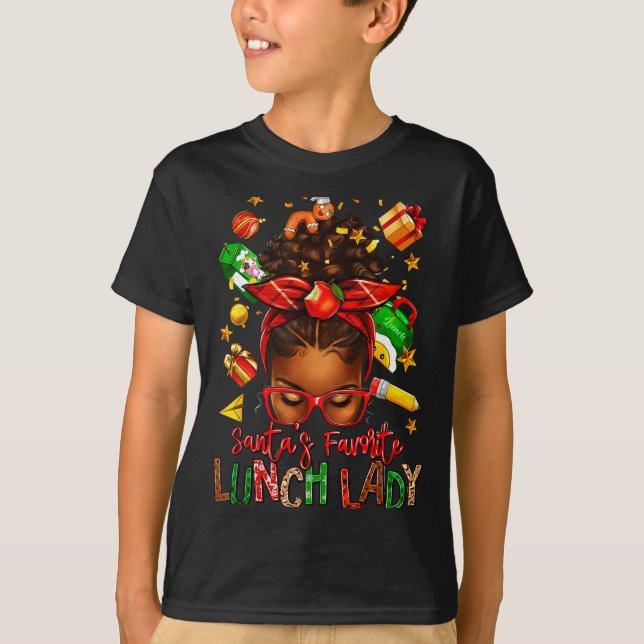 Santa's Favorite Lunch Lady Afro Messy Bun Woman C T Shirt (Framsida)