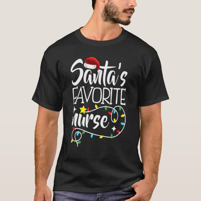 Santa's Favorite Nurse jul ljus Santa Julafton T Shirt (Framsida)